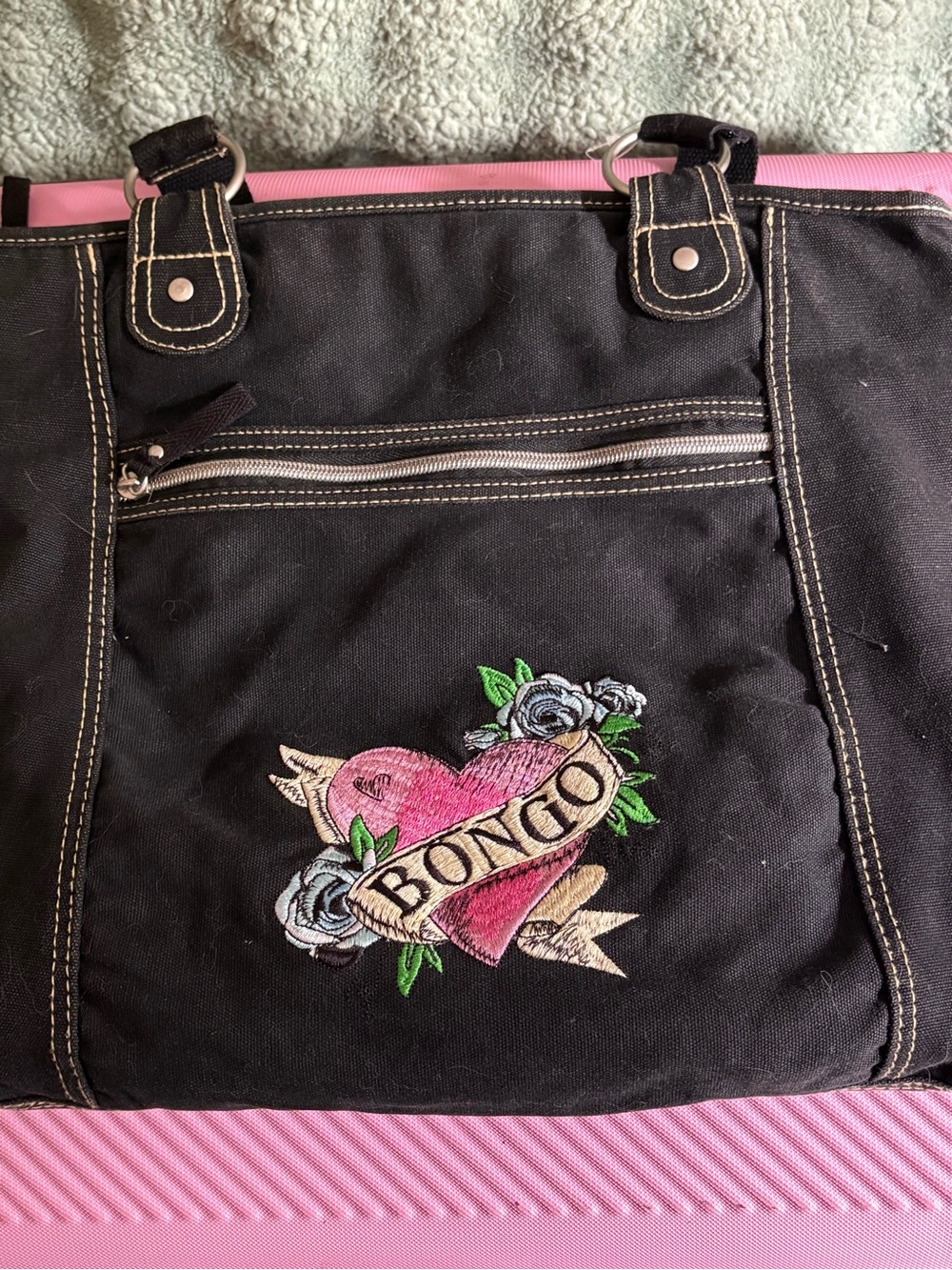 BONGO Black Canvas Tote with Pink Heart and Floral Embroidery